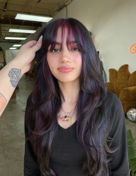 Purple Over Dark Brown Hair, Black Cherry Peekaboo Highlights, Magenta And Dark Brown Hair, Streaks Dyed Hair, Long Hair Dyed Underneath, Dark Brown With Pink Hair, Highlights At End Of Hair, Purple And Black Hair With Bangs, Black Hair W Purple Highlights