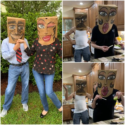 Paper bag mask. Couples last minute halloween costume. Paper Bag Mask, Paper Costume, Halloween Maze, Last Minute Halloween Costume, Saul Steinberg, Last Minute Halloween, Last Minute Halloween Costumes, Workshop Ideas, Creative Costumes