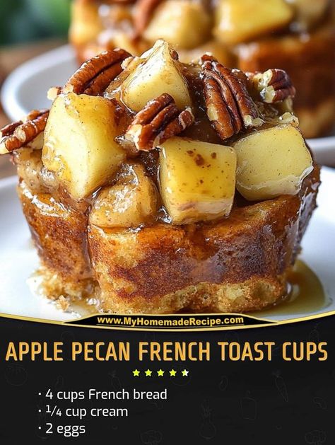 Gordon Ramsay 🍜 | Apple Pecan French Toast Cups are a sweet and crunchy morning delight | Facebook Apple Pecan French Toast, Caramel French Toast, French Toast Cups, Pecan French Toast, Toast Cups, Crockpot French Toast, Apple French Toast, Toasted Pecans, French Bread