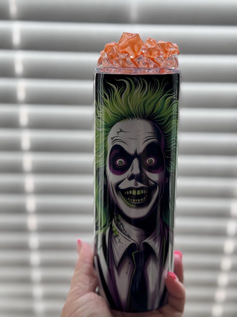 20 oz. beetle juice Sublimation tumbler.. cold/hot.. straw included... hand wash only mild soap.. it will hold hot liquid up to 6 hrs. and hold cold up to 24hrs. hand wash only mild soap. All tumblers are made to order Beetle Juice, Sublimation Tumbler, Beetlejuice, Mild Soap, Halloween Shopping, Juice, Beauty Book, Straw, Art Collection