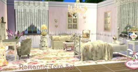 Alelore Sims - The Sims 3 & The Sims 4 custom content - Shabby chic, romantic and soho style walls and furnishings Sims 4 Shabby Chic, The Sims 4 Custom Content, Bedroom Romantic, Cc Shopping, Soho Style, Sims 4 Dresses, Sims 4 Downloads, Sims 4 Update, Shabby Chic Bedroom