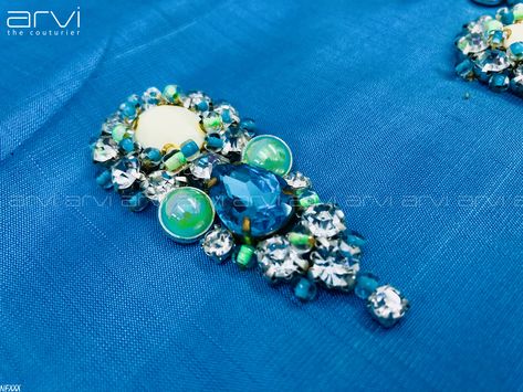 Custom-Tailored Stone work blouse by Arvi the couturier #custom #customtailored #embroidery #clipstone #stone #crystal #blue #bride #southindianbride #southindianwedding #wedding #fashion #creative #designer #fashiondesigner #arvicoimbatore #arvithecouturier #coimbatore #tamilnadu #rspuram Arvi Blouses Designs, Crystal Stone Aari Work Blouse, Crystal Work Blouse Designs, Clip Stone Aari Work Designs, Aari Stone Work Blouse Designs, Arvi The Couturier Blouse Designs, Stone Work Blouse Designs, Arvi The Couturier, Stone Work Blouse