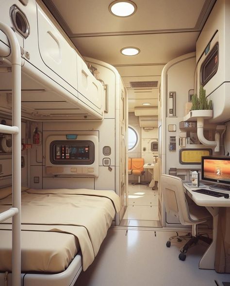 Futuristic Cabin, Spaceship Cabin, Spaceship Bed, Cyberpunk Home, Sci Fi Bedroom, Spaceship Room, Spaceship Aesthetic, Futuristic Home Interior, Sci Fi House