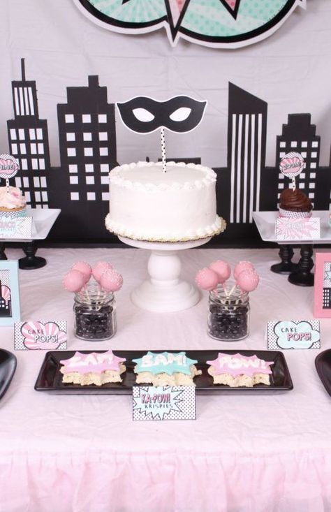 Superhero Party: Aubrey's Girly Superhero Birthday Party.  Do you have a girl who LOVES superheroes?  Celebrate her birthday superhero style.  Today I'm sharing my daughter's 9th girly superhero birthday party!! Looking for Superhero Party dessert ideas?  Be sure to also check out this Spiderman Party, super hero party, and these ideas for a superhero party. via @mimisdollhouse Girly Superhero Birthday Party, Girl Spiderman Party, Party Dessert Ideas, Superhero Party Ideas, Batgirl Party, Superhero Girls Birthday, Spidey Birthday, Party Ideas For Girls, Birthday Superhero