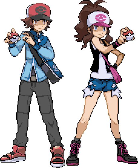 touya and touko Pokespe Black And White, Pokemon Black And White Characters, Holding A Pokeball Reference, Pokémon Trainer Pose, Pokemon Trainer Sprites, Pokemon Hilbert, Pokemon Protagonists, Hilbert Pokemon, Pokemon Black And White 2