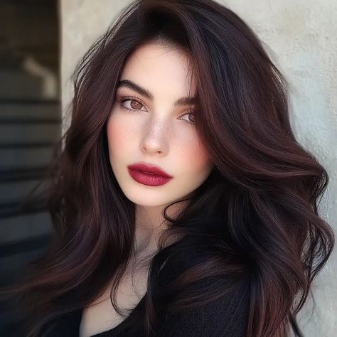 11 Black Cherry Hair Color Ideas: Stunning Looks to Inspire Your Style Black Hair On Pale Skin Blue Eyes, Black Hair Pale Skin Green Eyes, Black Hair Pale Skin Brown Eyes, Black To Auburn Hair, Brown Cherry Hair Color, Pale Skin Dark Hair Makeup, Cherry Black Hair, Black Hair Dye Ideas, Dark Brown Hair Pale Skin