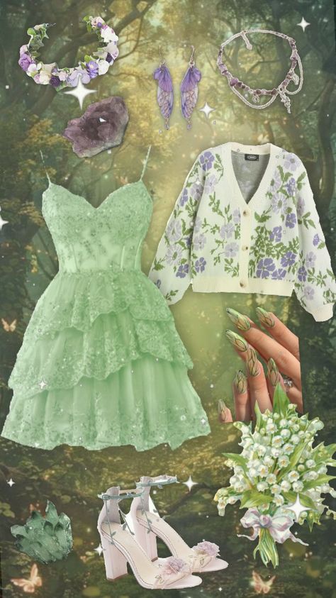 #fairycore #outfitinspo #green #purple Green Girly Things, Pink Fairycore Outfits, Pastel Fairycore Outfits, Pink Fairy, Pastel Outfit, Fairy Core, Purple Green, Outfit Ideas, Fashion Inspo