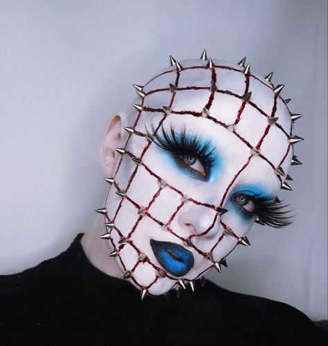 Female Pinhead Costume, Half Makeup Face Halloween, Diy Pinhead Costume, Pin Head Costume, Pin Head Makeup, Cenobite Makeup, Horror Cosplay Ideas, Halloween Makeup 2023, Hellraiser Makeup