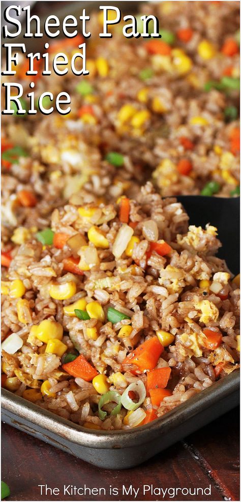 Pan of Sheet Pan Fried Rice Chicken Fried Rice Casserole, Pre Cooked Rice Recipes, What To Serve With Fried Rice, Sheet Pan Fried Rice, Fried Rice Freezer Meal, One Pan Rice Meals, Fried Rice For A Crowd, Fry Pan Recipes, All Recipes.com