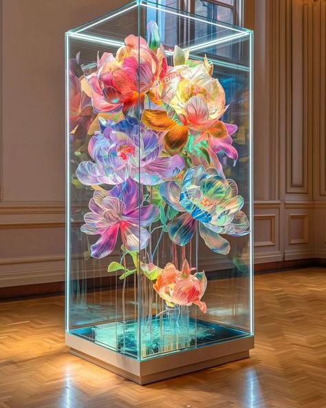 Iridescent flower museum gallery 😍 #flowers #museum #peonies #gallery #iridescent #museumgallery #roccoco #glass #aiart Flower Museum, Glass Flower Art, Iridescent Decor, Art Curation, Wonderland Artwork, Art Galleries Design, Window Display Design, Flower Window, Flower Installation