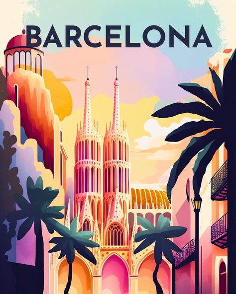 Diamond Painting - Travel Poster Barcelona Barcelona Painting, Spain Painting, Barcelona Travel Poster, Barcelona Art, Retro Travel Poster, Foto Vintage, Travel Wall Art, Paint By Numbers, Learn To Paint