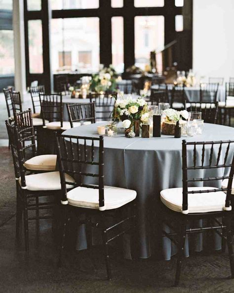 A Romantic, Rustic Wedding in Columbia, South Carolina | Martha Stewart Weddings Wedding Table Toppers, Black Chairs, Romantic Rustic Wedding, White Chairs, Blue Tablecloth, Wedding Table Linens, Rustic Chair, Weddings By Color, South Carolina Wedding