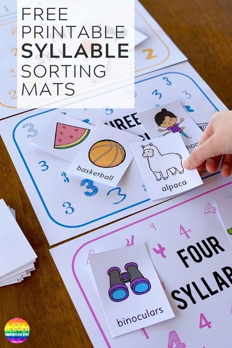 Printable Syllable Sorting Mats - print your own numbered syllable sorting mats to use at home or in the classroom with your preschooler to sort objects according to their number of syllables | you clever monkey Teaching Syllables, Literacy Work Stations, Learning To Count, Sorting Mats, Kids Literacy, Literacy Lessons, Preschool Literacy, Literacy Center, Learn To Count