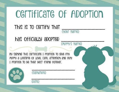 Puppy Adoption Certificate Adopt A Pet Certificate Free Printable, Puppy Adoption Certificate Printable, Stuffed Animal Adoption Certificate, Adoption Certificate Template, Puppy Adoption Certificate, Dog Adoption Certificate, Puppy Party Adoption Certificate Free, Certificate Ideas, Pet Adoption Birthday Party