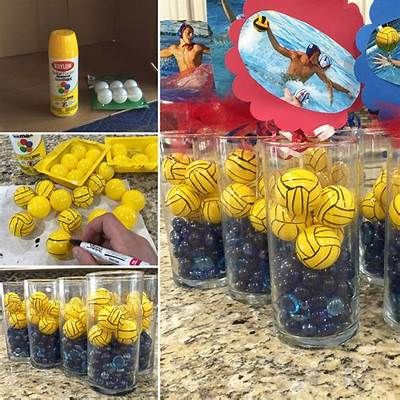 Water Polo table center pieces I made for my sons grad party. Sports Banquet Decorations ... Water Polo Senior Night Gift Ideas, Water Polo Banquet Centerpieces, Water Polo Centerpieces, Waterpolo Poster Ideas, Water Poli, Volleyball Centerpieces Ideas, Volleyball Decorations, Swim Banquet, Volleyball Banquet