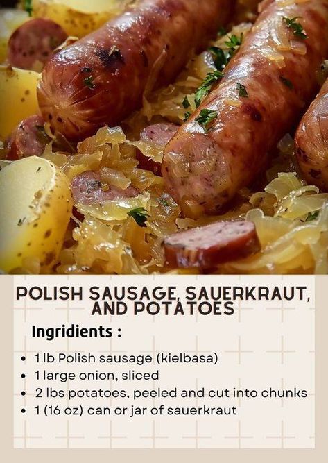 Smoked Sausage And Sauerkraut Recipe, Polish Sausage Sauerkraut And Potatoes, Kielbasa Sauerkraut, Family Meals Crockpot, Sauerkraut And Potatoes, Sausage And Sauerkraut, Polish Sausage Recipes, Potatoes Crockpot, Sausage Sauerkraut