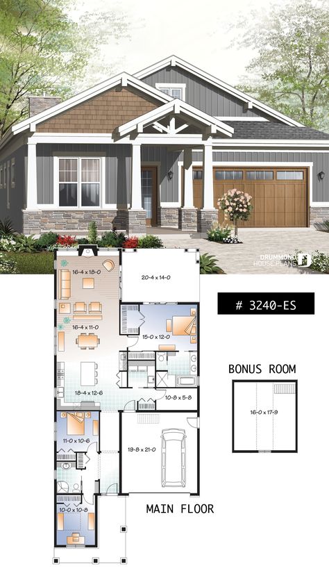 Environmentally Superior Craftsman bungalow, 9' ceiling, open floor plan, large covered terrace Open Concept House Plans, Craftsman Bungalow House Plans, Covered Terrace, Bungalow Floor Plans, Little House Plans, Craftsman Bungalow, Free House Plans, House Plans One Story, Garage House Plans