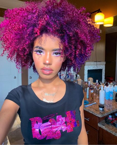 Curly Hair Bright Colors, Colorful Natural Hair, Pink Curly Hair Black Women, Multi Color Hair Ideas, Pink Natural Hair Black Women, Dyed Afro Hair 4c, Dyed Afro, Pink Natural Hair, Colorful Afro