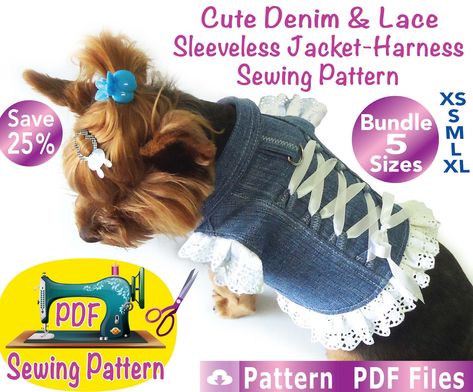 Dog Denim and Lace sleeveless jacket harness sewing Pattern, Pet jacket, cute pet clothes pattern, Fashion pet, Save 25% bundle 5 sizes by ZoeandLeoDigitals on Etsy Harness Sewing Pattern, Small Dog Clothes Patterns, Dog Clothes Pattern, Pet Clothes Patterns, Dog Fashion Clothes, Cute Dog Clothes, Denim Dog, Small Dog Clothes, Dog Clothes Patterns