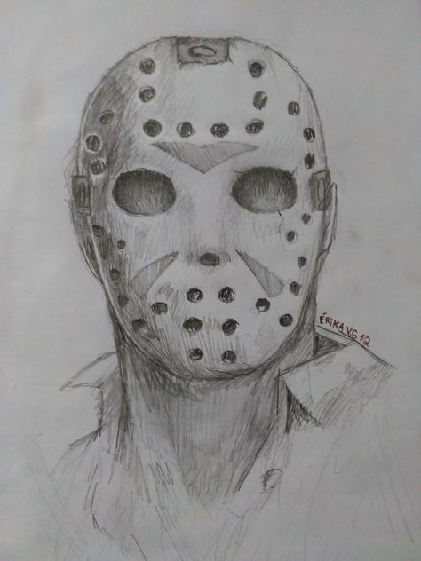 Jason Drawing Easy, Drawing Horror Characters, Jason Voorhees Drawing Pencil, Jason Voorhees Sketch, Sinister Drawings, Jason Sketch, Jason Voorhees Drawing, Jason Drawing, Movie Character Drawings