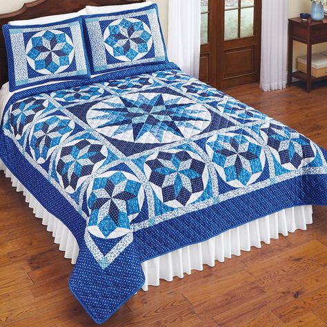 Classic Blue & White Star Pattern Medallion Quilt | Collections Etc. Medallion Quilts Ideas, Quilting Stars, Hunters Star, Small Quilt Projects, Medallion Quilts, Blue Quilt, Medallion Quilt, Blue Border, Collections Etc