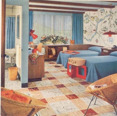 1950s Bedroom, Bedroom Retro, Mid Century Bedroom, Retro Interior Design, Retro Bedrooms, Mcm Decor, 1950s Design, Mid Century Modern Interiors, Retro Interior