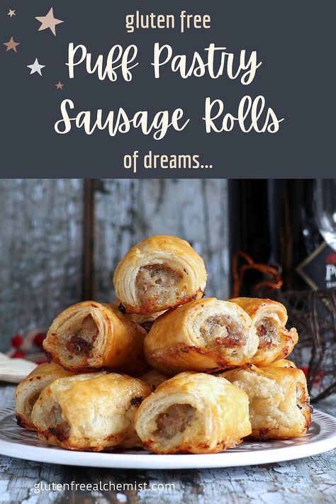 These are the gluten free Puff Pastry Sausage Rolls of your dreams! Meaty bites of deliciousness wrapped in light, flaky-layered gluten free Puff Pastry… baked to crisp, golden perfection. Sausage Rolls Puff Pastry, Gf Pastry, Gluten Free Sausage Rolls, Puff Pastry Sausage Rolls, Puff Pastry Dinner, Puff Pastry Recipes Savory, Schar Gluten Free, Gluten Free Sausage, Pastries Recipes Dessert