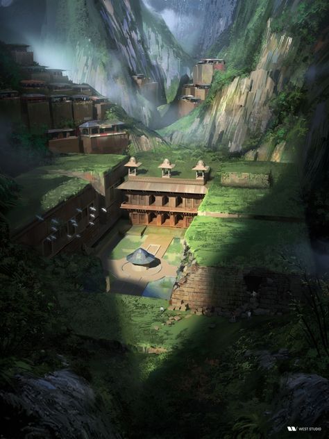 Hidden Village, Hidden Temple, Hokkaido Japan, Heroic Fantasy, Landscape Concept, Fantasy City, Fantasy Setting, Fantasy Places, Futuristic City