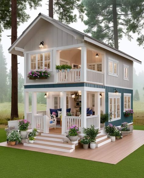 Small Home With Porch, Tiny Home Mansions, Prefab Addition To Home, Mini Home Exterior, Tiny House For Family Of 4, Small Cottage With Loft, Tiny Houses Exterior, Cute Simple House, Cute Small House Exterior