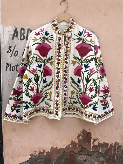 Indian Women Suzani Embroidery Jacket, Winter Jacket, Womens Coat, Quilted Jacket, Unisex Coat, Suzani Short Jacket Embroidery Coats For Women, Winter Ethnic Outfits, Vest Embroidery, Cotton Kurties, Heena Kochhar, Suzani Embroidery, Embroidery Coat, Embroidery Jacket, Wearable Art Clothing