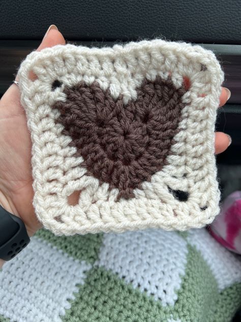 Granny Squares With Hearts, Aesthetic Granny Square Pattern, Guitar Granny Square, Heart Granny Square Bag Pattern Free, Heart Shaped Granny Square, How To Make A Heart Granny Square, How To Crochet Heart Granny Square, Brown Granny Square Blanket, Granny Square Heart Crochet Pattern