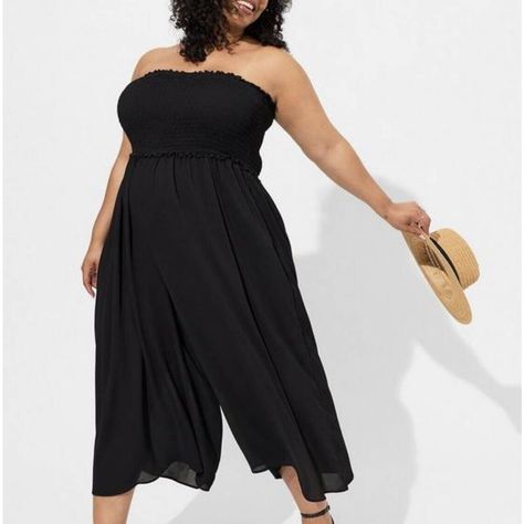 New With Tags Torrid Womens 6 Black Crop Gauze Smocked Strapless Beach Jumpsuit 6x 96% Rayon, 4% Other Fiber. Lining Is 100% Polyester. Pockets. Unstretched Underarm To Underarm Measures 26”, Stretches To 34”, Unstretched Waist: 52”, Stretches To 68”, Inseam: 22”. Torrid Jumpsuit, Jumpsuit Coverup, Beach Jumpsuit, Black Strapless Jumpsuit, Beach Jumpsuits, Knit Skater Dress, Metallic Pants, Perfect Summer Outfit, Wide Leg Dress Pants