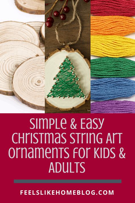 Simple & easy Christmas string art for beginners - These pretty designs are made on wood slices using embroidery floss or string and make a perfectly sized Christmas ornament for the Xmas tree. Includes free printable templates and patterns for a star, angel, light, tree, snowflake, and more. Great for children, tweens, teens, and adults. String Art For Beginners, String Art Ornaments, Christmas Ideas For Teens, Christmas String Art, String Art Patterns Free, Star Angel, Angel Light, Christmas Books For Kids, Easy Ornaments