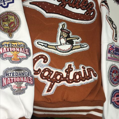 Follow us on Instagram! @somethingstocheerabout #lettermanjacket #blingjacket #blingletterman #blingpatches #rhinestone patch letterman jacket from some things to cheer about! We ship! Dance Letterman Jacket, Letterman Jacket Ideas, Letterman Jacket Patches, Senior Year Things, Bling Jacket, Senior Jackets, Cheer Captain, Jacket Patches, Cheer Ideas