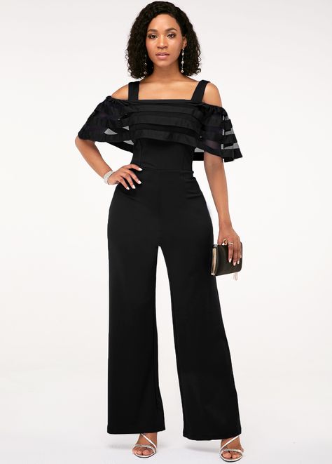 Strappy Cold Shoulder Black Ruffle Overlay Jumpsuit | Rosewe.com - USD $31.35 Business Jumpsuit, Overlay Jumpsuit, Night Out Summer, Dinner Summer, Embellished Jumpsuit, Cocktail Dress Wedding Guest, Black Overlay, Half Sleeve Jumpsuit, Midi Dress Elegant