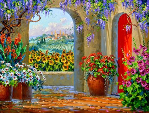 (usa) Vista of joy by Mikki Senkarik (1954-  ). oil on canvas. Paintings Horizontal, Mikki Senkarik, Mexican Paintings, Contemporary Canvas, Image Nature, Tile Murals, Artist Signatures, Vibrant Flower, Blue Bonnets