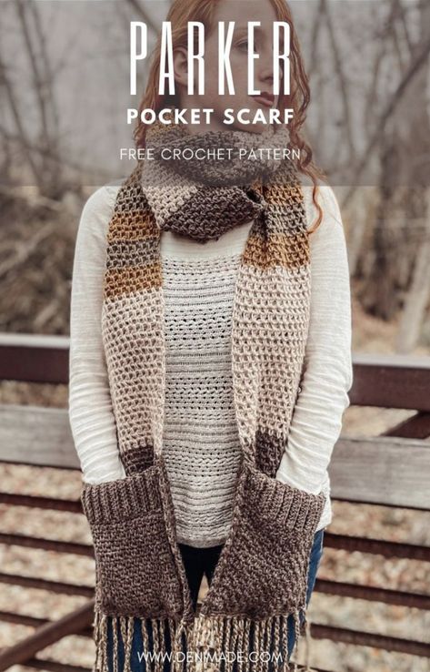 Crochet Parker Pocket Scarf (Free Pattern) Crochet Scarf Boho Style, Newest Crochet Patterns, Quick Scarf Crochet Pattern, Crochet Cat Scarf Pattern Free, Pocket Scarf Crochet Pattern Free, Keyhole Scarf Crochet Pattern Free, Crochet Hat And Scarf Set Pattern Free, Crochet Wearables Patterns Free, Easy Scarf Crochet Pattern