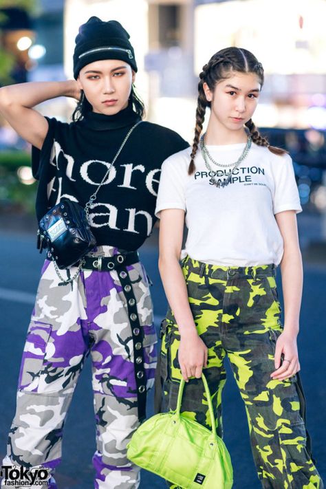 Tokyo-based Korean model/makeup artist Gyutae  and... | Tokyo Fashion Twin Braids, Model Makeup, Tokyo Street Style, Tokyo Street, Green Handbag, Models Makeup, Tokyo Fashion, Black And White Tops, Camo Pants