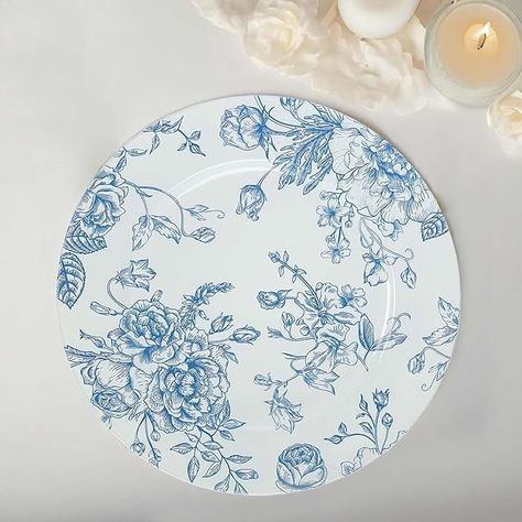 Amazon.com | Efavormart 6 Pack White Blue Floral Acrylic Charger Plates in French Toile Pattern, Round Dinner Charger Event Tabletop Decor - 13": Charger Plates Acrylic Charger Plates, Glass Charger Plates, Toile Pattern, Dinner Event, French Toile, Burlap Table Runners, Graduation Parties, Tabletop Decor, Wedding Receptions