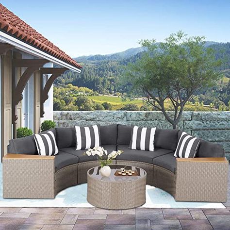 Crownland 5 Pieces Outdoor Patio Sectional Furniture Set, All-Weather Grey Wicker Half-Moon Sofa with Tempered Glass Round Table and Thick Cushions，Suitable for Backyards and Pools (Gray) #ad Glass Round Table, Patio Sectional Furniture, Moon Sofa, Modern Outdoor Dining Sets, Outdoor Fire Pit Seating, Curved Patio, Luxury Patio Furniture, Outdoor Patio Sectional, Outdoor Sectional Furniture