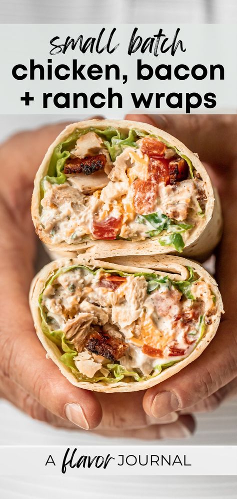 Shredded chicken wraps with crispy bacon, ranch dressing (homemade ranch if you're feeling it!), shredded cheese, avocado, lettuce, and pico de gallo (or tomatoes). This recipe makes two chicken bacon ranch wraps, but you can definitely double or triple it if needed!  #chickenbaconranchwraps #chickenbaconwraps #chickenwraps #shreddedchickenwrap #shreddedchickenrecipe #smallbatchrecipes #chickenwraprecipe Pioneer Woman Grilled Chicken And Strawberry Salad Wrap, Chicken Avocado Bacon Wrap, Meals That Can Be Eaten Cold, Chicken Bacon Tortilla Wraps, Grilled Chicken Bacon Ranch Wrap, Easy Food Recipes For Dinner Chicken, Chicken Cranberry Wrap, Supper Wrap Ideas, Delicious Wraps For Lunch