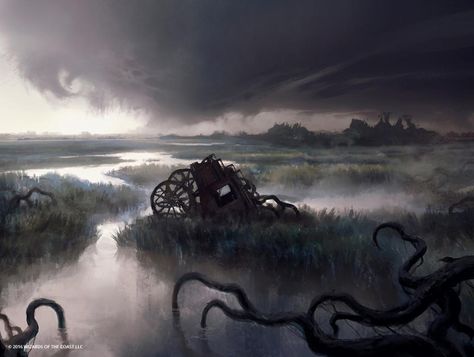 Swamp MtG Art by Jonas De Ro - Shadows over Innistrad Art Sunken City, Mtg Art, Darkest Dungeon, Fantasy Places, Landscape Scenery, Landscape Illustration, Magic Art, Wizards Of The Coast, Fantasy Rpg