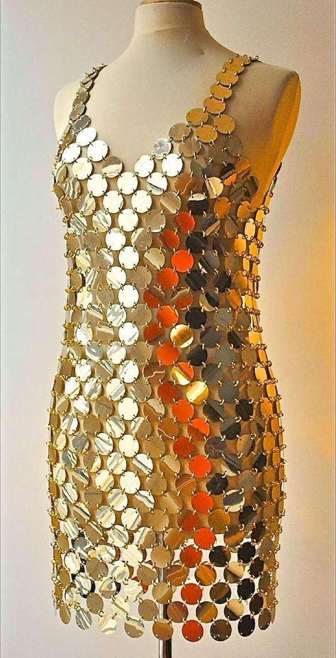 Paco Rabanne dress idea Disc Dress, Olympic Dress Up Ideas, Silver Clothes, Paco Rabanne Dress, 1960s Paco Rabanne, Paco Rabanne Retro Futurism, Paco Rabanne Fame, Paco Rabanne Chainmail, Paco Rabanne Metal Dress