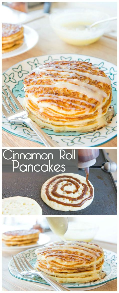 Cinnamon Roll Pancakes are a fun recipe to make for a special breakfast or brunch! Fluffy pancakes with a cinnamon bun filling swirl and drizzled with cream cheese frosting! Pancakes Cinnamon, Cinnamon Roll Desserts, Brunch Pancakes, Cinnamon Roll Pancakes, Special Breakfast, Cinnamon Pancakes, Easy Brunch Recipes, Bisquick Recipes, Cinnamon Bun