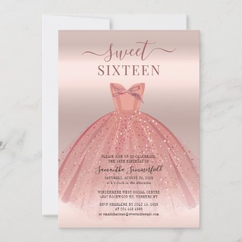 $2.8 | Modern Glitter Script Rose Gold Sweet 16 - unique, princess, sweet 16, girly, festive, gold, rose, stylish, 16th birthday, modern Gold Sweet 16, 15th Birthday Party Ideas, Sweet 16 Party Invitations, Bday Party Invitations, Glitter Rose Gold, Rose Gold Invitations, 16th Birthday Invitations, Birthday Party For Teens, Blush Pink Dresses