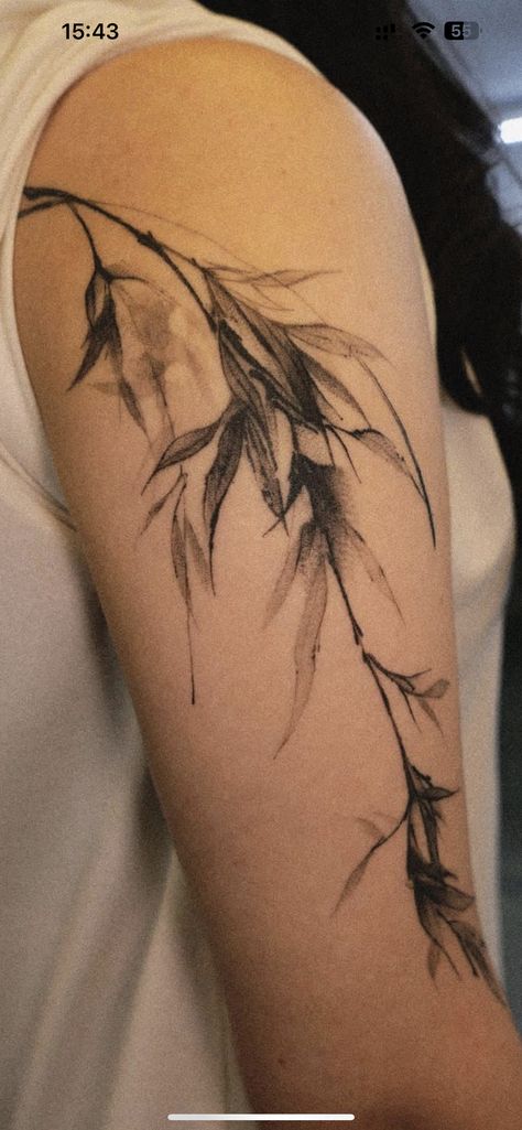 Good Cover Up Tattoos Ideas Thigh, Flower Shadow Tattoo, Birch Leaves Tattoo, Watercolor Leaves Tattoo, Brown Tattoo Sleeve, Trippy Nature Tattoo, Borage Flower Tattoo, Pothos Tattoo Sleeve, Chinese Watercolor Tattoo