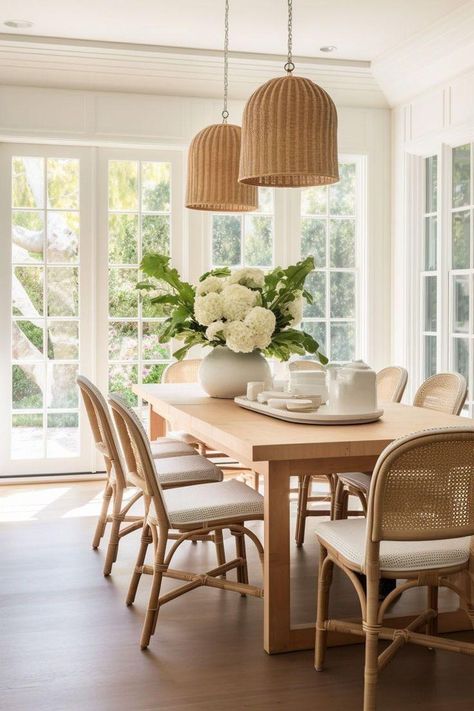 Looking to elevate your dining room decor? Check out these stunning dining room decor ideas for your home. From elegant table settings to stylish furniture and lighting, get inspired to create the perfect dining space for your next gathering. Whether you prefer a modern, rustic, or traditional look, these ideas will help you transform your dining room into a stylish and inviting space. Aesthetic Small Dining Room, Dining Table With Accent Chairs, Large Dining Room Decor, White And Wood Dining Table, Pretty Dining Rooms, Modern Florida Home Interiors, White Wood Dining Room, California Casual Dining Room, Sage Dining Room