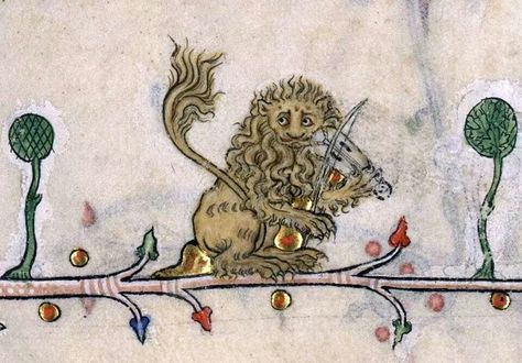 Lion fiddler Lion Playing, Classical Paintings, Medieval Drawings, Medieval Artwork, Illustrated Manuscript, Medieval Books, Medieval Paintings, Medieval Life, Book Of Hours