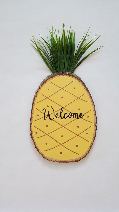 Welcome, Handpainted Wood Sign, Pineapple decor, Aloha, Welcome pineapple sign, wood slice sign, Handlettered wood sign Tree Slice Art, Painted Pineapple, Scrap Wood Art, Kelsey Rose, Wood Slice Decor, Pineapple Theme, Wood Art Diy, Painted Pots Diy, Wood Slice Art