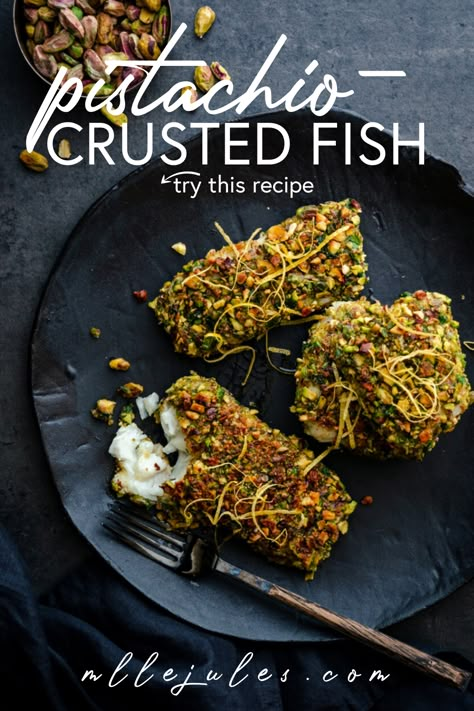 Healthy Crusted Fish, Pistachio Fish Recipes, Pistachio Crusted Tilapia, Pistachio Crusted Grouper, Pistachio Crusted Mahi Mahi, Herb Crusted Fish, American Fish Recipes, Pistachio Recipes Dinners, Pistachio Crusted Cod